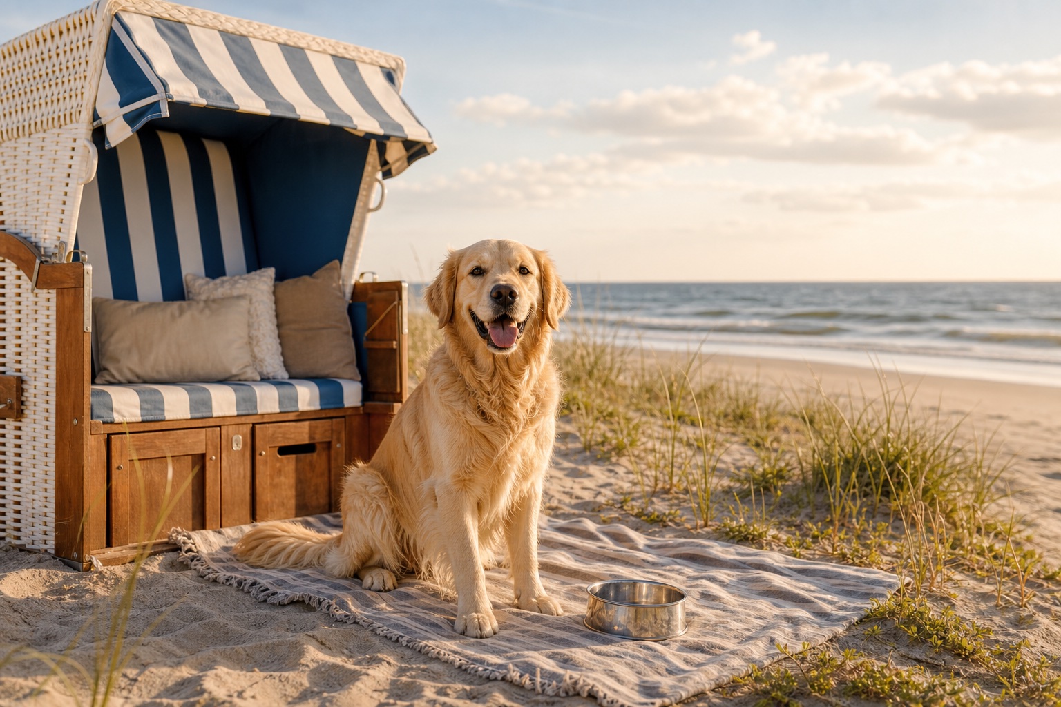 Hund am Strandkorb beim Urlaub an der Ostsee auf Usedom